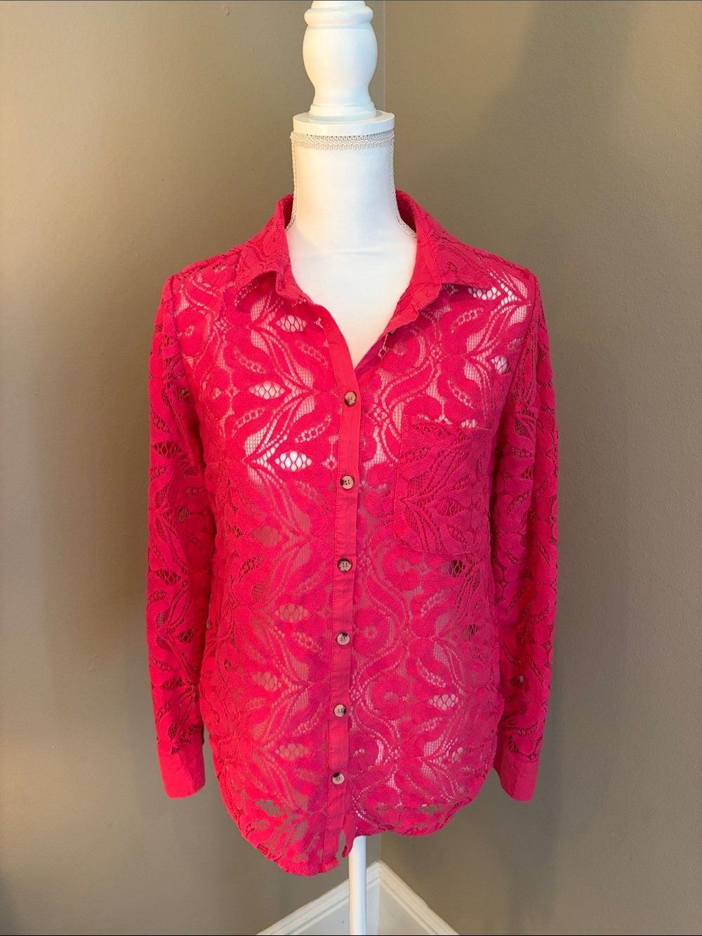 Anthropologie Maeve Bright Pink Lace Blouse